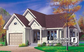 front - BASE MODEL - Small one-storey house plan with 2 bedrooms, one-car garage and lots of natural light - Brunswick