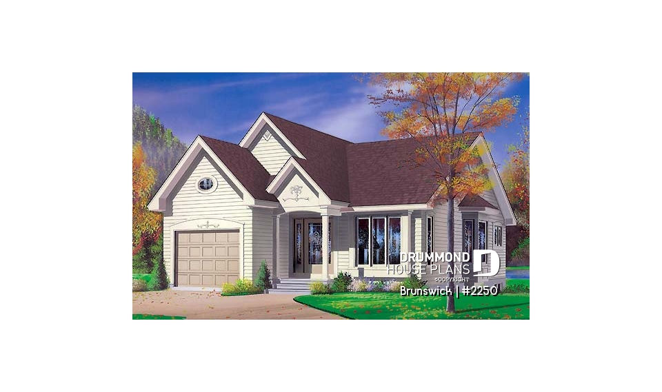 front - BASE MODEL - Small one-storey house plan with 2 bedrooms, one-car garage and lots of natural light - Brunswick