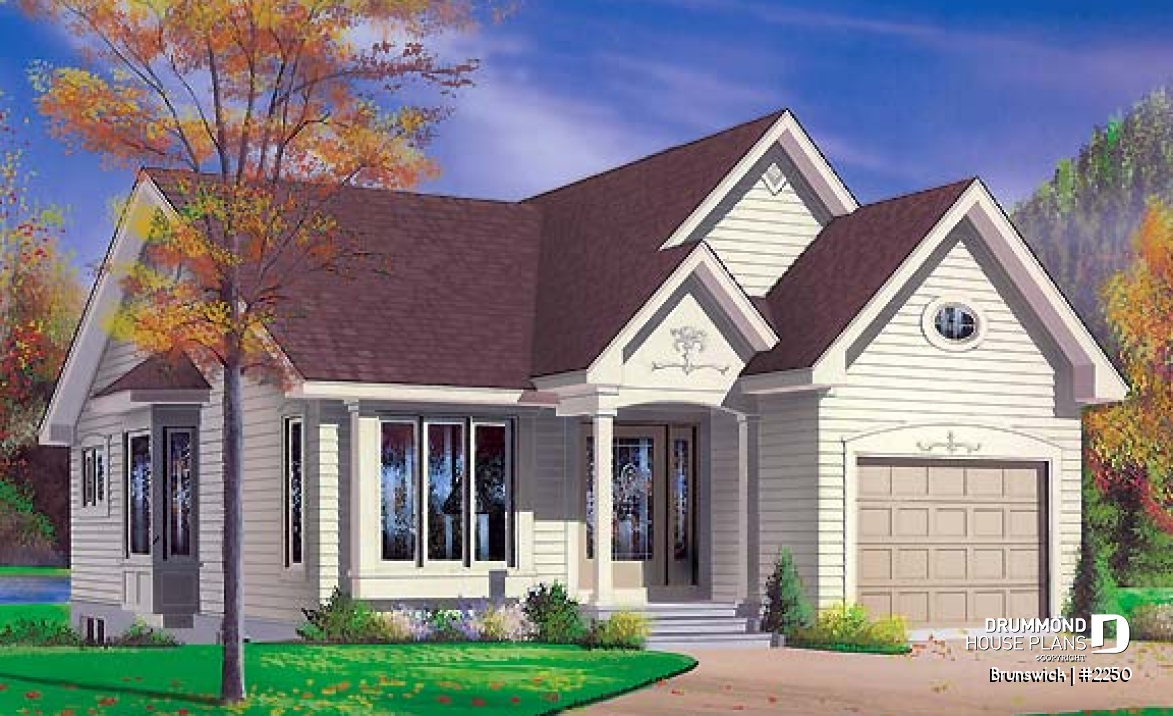 front - BASE MODEL - Small one-storey house plan with 2 bedrooms, one-car garage and lots of natural light - Brunswick