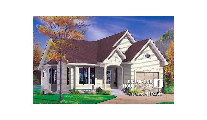 front - BASE MODEL - Small one-storey house plan with 2 bedrooms, one-car garage and lots of natural light - Brunswick
