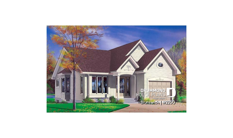 front - BASE MODEL - Small one-storey house plan with 2 bedrooms, one-car garage and lots of natural light - Brunswick