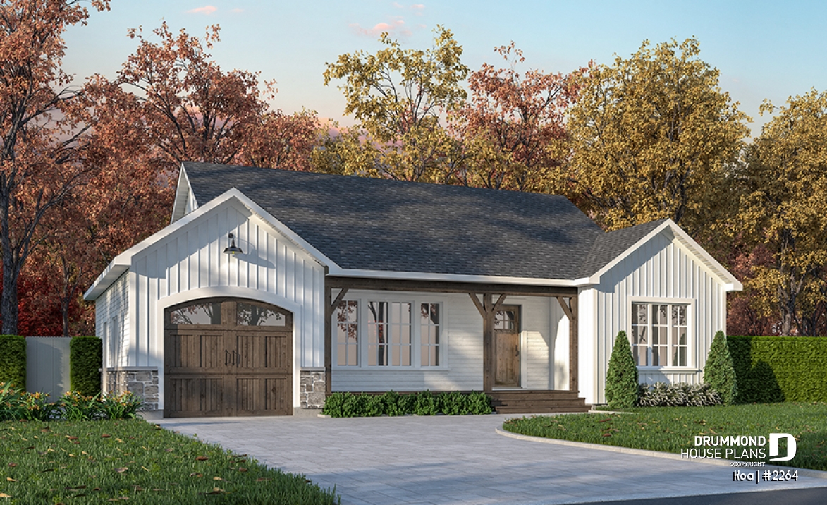 front - BASE MODEL - Charming 2-bedroom farmhouse bungalow home plan with open layout and large covered porch. - Koa
