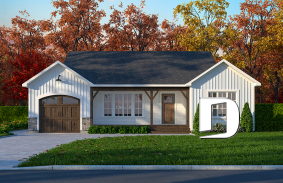 front - BASE MODEL - Charming 2-bedroom farmhouse bungalow home plan with open layout and large covered porch. - Koa