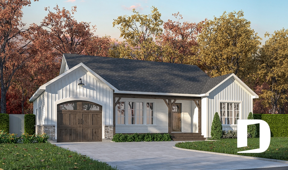 front - BASE MODEL - Charming 2-bedroom farmhouse bungalow home plan with open layout and large covered porch. - Koa