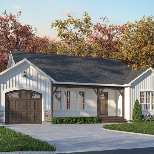front - BASE MODEL - Charming 2-bedroom farmhouse bungalow home plan with open layout and large covered porch. - Koa