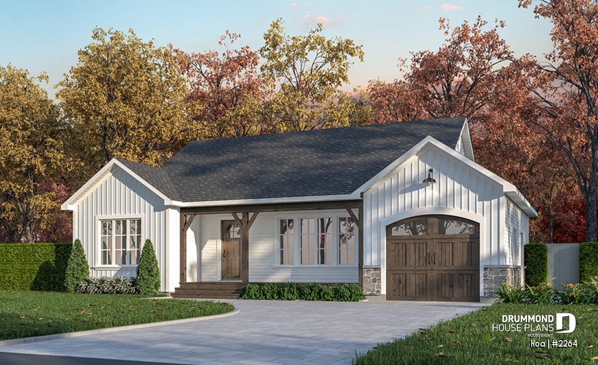 front - BASE MODEL - Charming 2-bedroom farmhouse bungalow home plan with open layout and large covered porch. - Koa