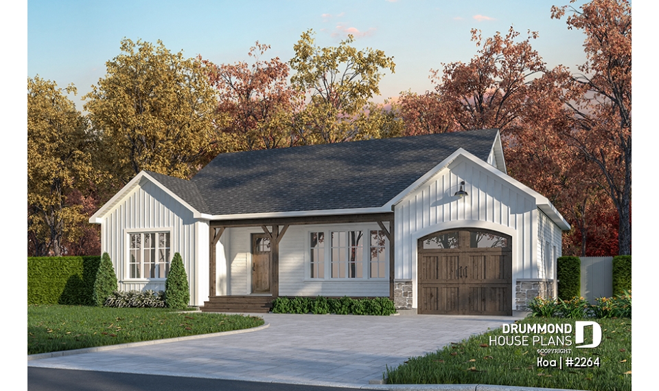 front - BASE MODEL - Charming 2-bedroom farmhouse bungalow home plan with open layout and large covered porch. - Koa