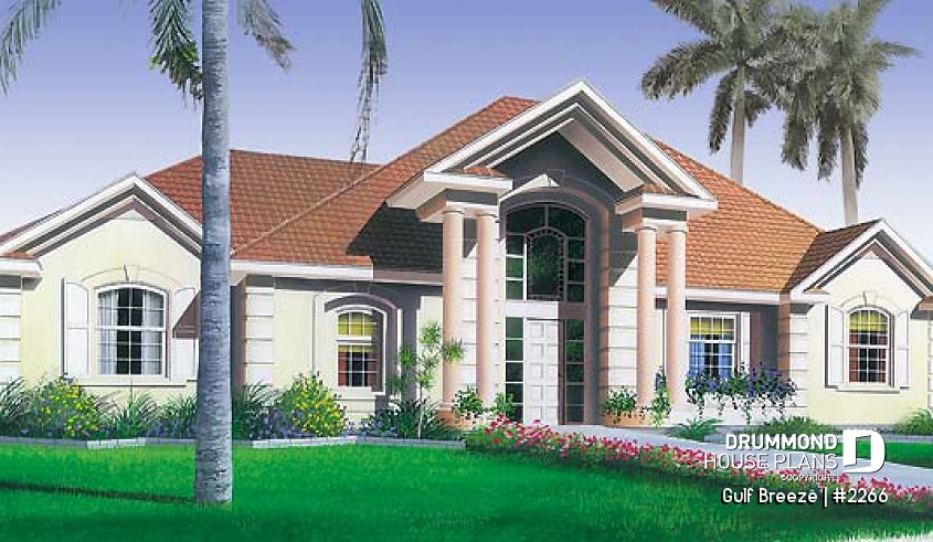 front - BASE MODEL - 3 bedroom, 2 bathroom house plan with master suite, 2-car garage, large open concept  - Gulf Breeze