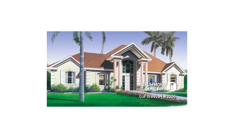 front - BASE MODEL - 3 bedroom, 2 bathroom house plan with master suite, 2-car garage, large open concept  - Gulf Breeze