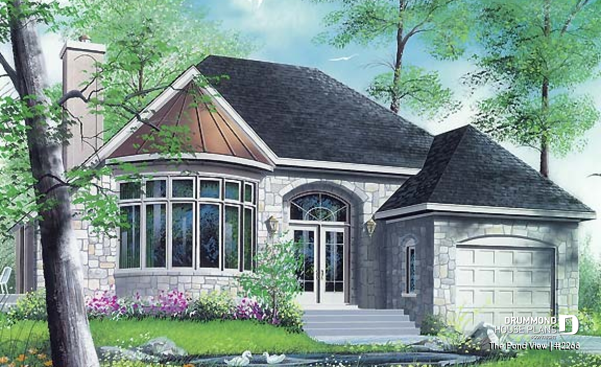 front - BASE MODEL - One or two bedroom option for this classical one-storey house plan with garage - The Pond View
