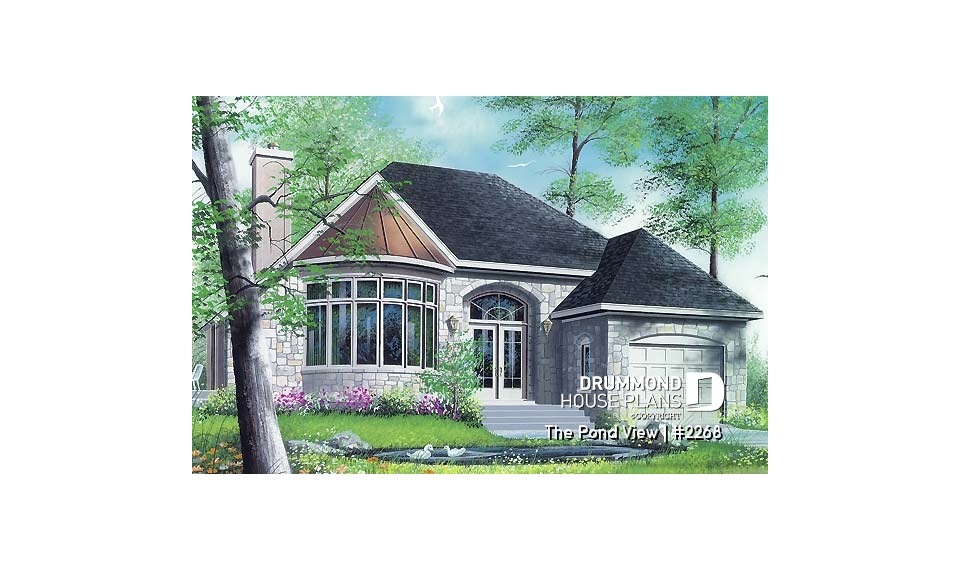 front - BASE MODEL - One or two bedroom option for this classical one-storey house plan with garage - The Pond View