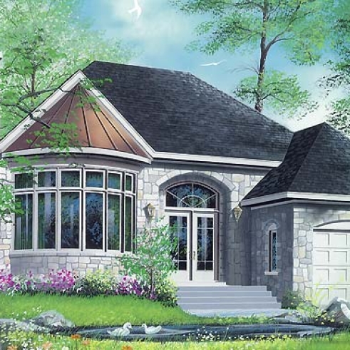 front - BASE MODEL - One or two bedroom option for this classical one-storey house plan with garage - The Pond View