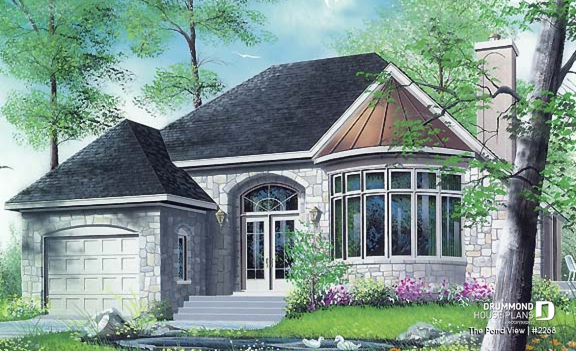 front - BASE MODEL - One or two bedroom option for this classical one-storey house plan with garage - The Pond View