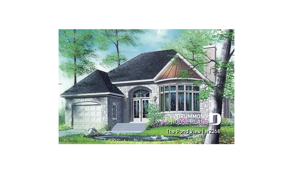 front - BASE MODEL - One or two bedroom option for this classical one-storey house plan with garage - The Pond View
