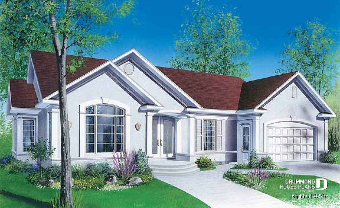front - BASE MODEL - Mediterranean style 3 bedroom house plan, one-storey, 2-car garage - Brighton