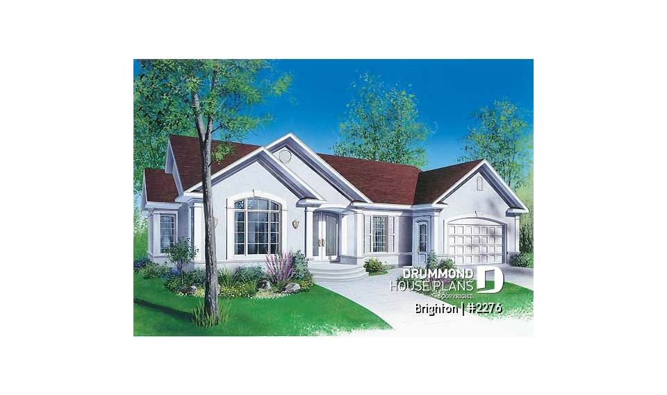 front - BASE MODEL - Mediterranean style 3 bedroom house plan, one-storey, 2-car garage - Brighton