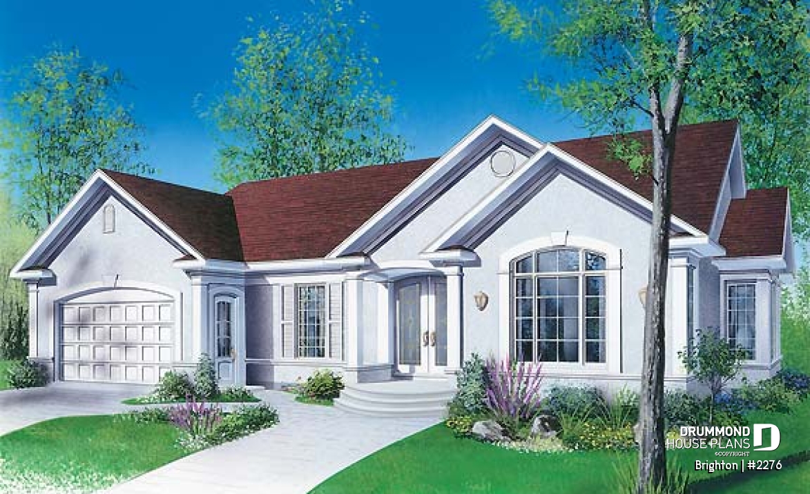 front - BASE MODEL - Mediterranean style 3 bedroom house plan, one-storey, 2-car garage - Brighton