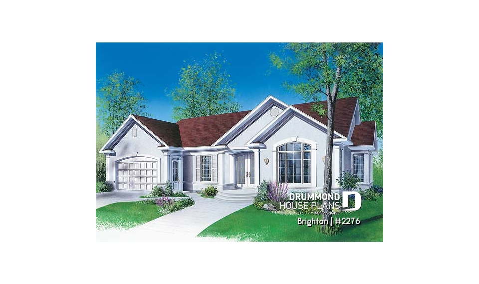 front - BASE MODEL - Mediterranean style 3 bedroom house plan, one-storey, 2-car garage - Brighton