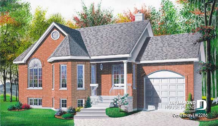 front - BASE MODEL - One-storey 2 bedroom house plan with garage, affordable ranch style home design - Carelman