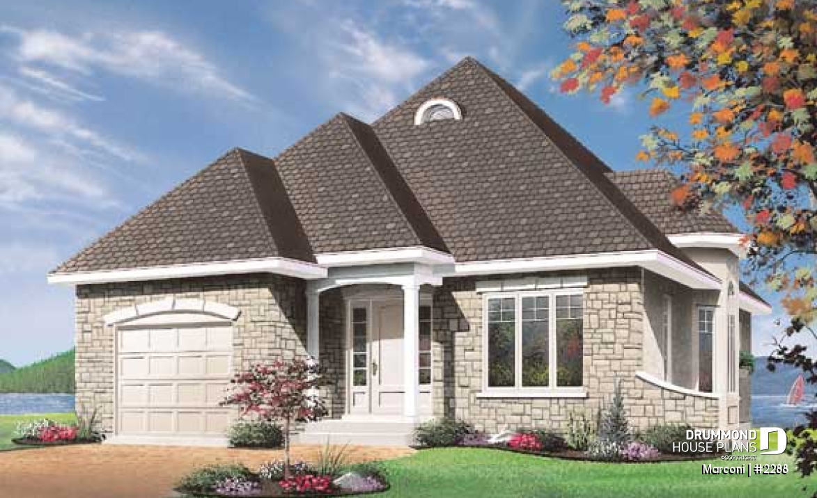front - BASE MODEL - European 2 bedroom house plan with garage - Marconi