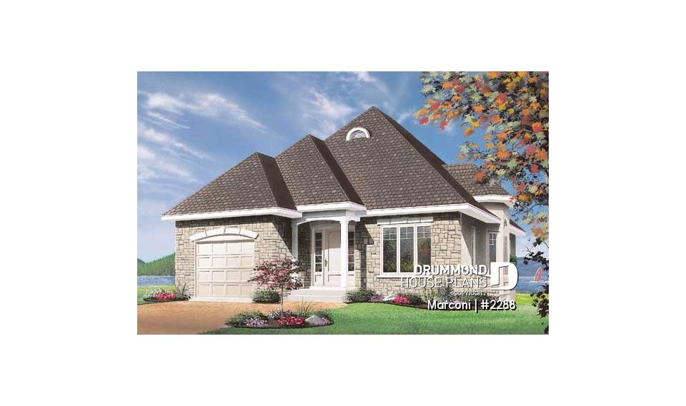 front - BASE MODEL - European 2 bedroom house plan with garage - Marconi