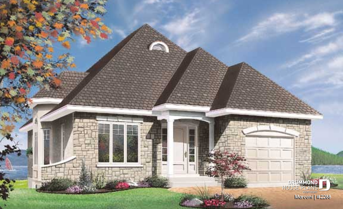 front - BASE MODEL - European 2 bedroom house plan with garage - Marconi