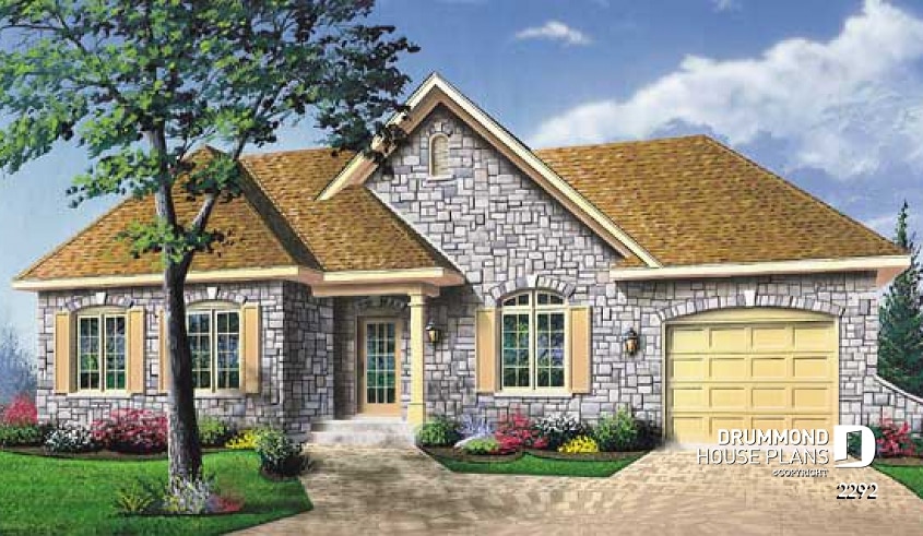 front - BASE MODEL - Ranch style house plan with garage and 2 bedrooms - Muscadet
