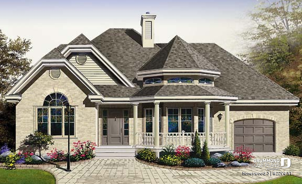 front - BASE MODEL - 2 bedroom Victorian with charming family room and garage, 2 sided fireplace - Honeywood 3