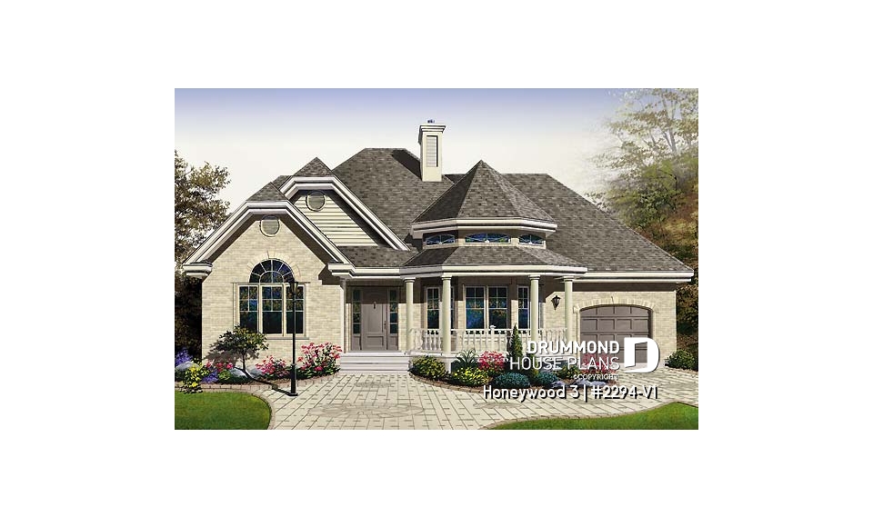 front - BASE MODEL - 2 bedroom Victorian with charming family room and garage, 2 sided fireplace - Honeywood 3