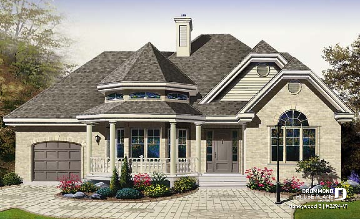 front - BASE MODEL - 2 bedroom Victorian with charming family room and garage, 2 sided fireplace - Honeywood 3