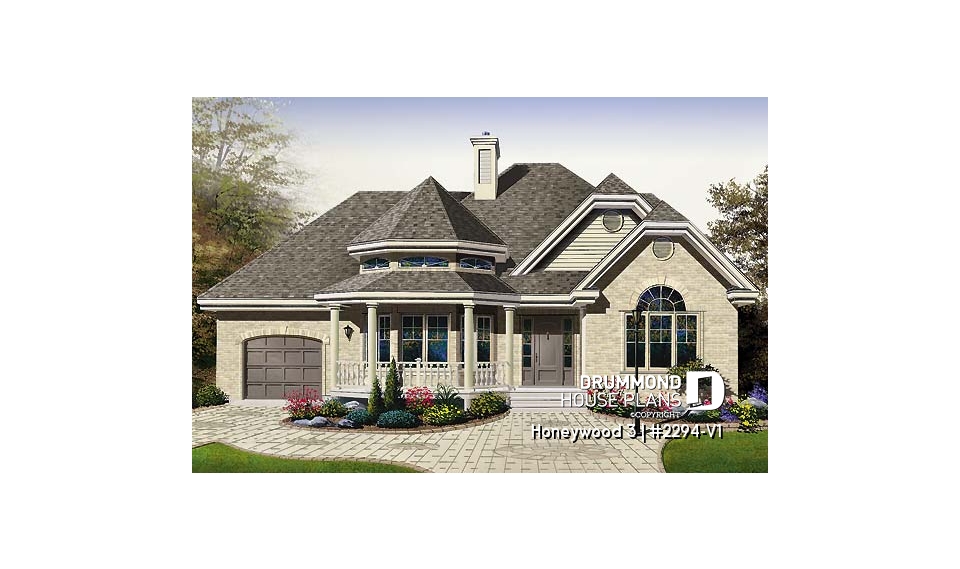 front - BASE MODEL - 2 bedroom Victorian with charming family room and garage, 2 sided fireplace - Honeywood 3