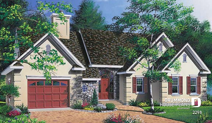 front - BASE MODEL - 3 bedroom on main level, ranch style house plan with garage, galley kitchen, fireplace - Wilrose