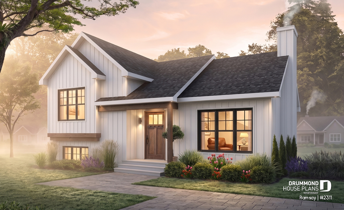 Color version 2 - Front - 2 to 4 bedroom modern farmhouse with open space, cathedral ceiling, pantry, mud room and split level - Ramsay