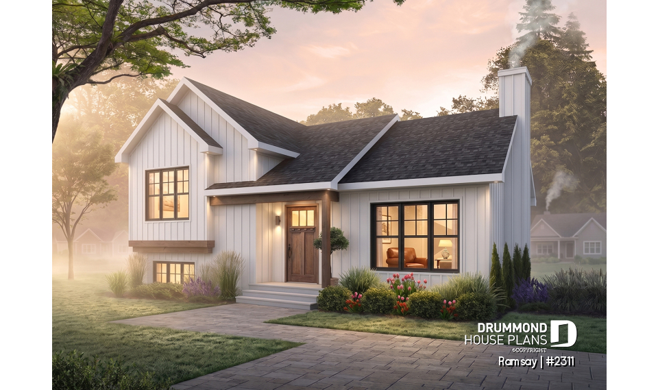 Color version 2 - Front - 2 to 4 bedroom modern farmhouse with open space, cathedral ceiling, pantry, mud room and split level - Ramsay