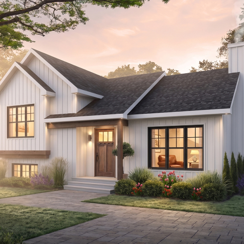 Color version 2 - Front - 2 to 4 bedroom modern farmhouse with open space, cathedral ceiling, pantry, mud room and split level - Ramsay