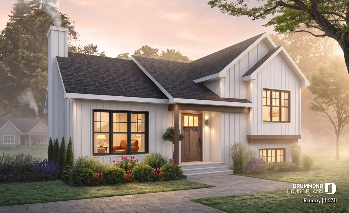 Color version 2 - Front - 2 to 4 bedroom modern farmhouse with open space, cathedral ceiling, pantry, mud room and split level - Ramsay