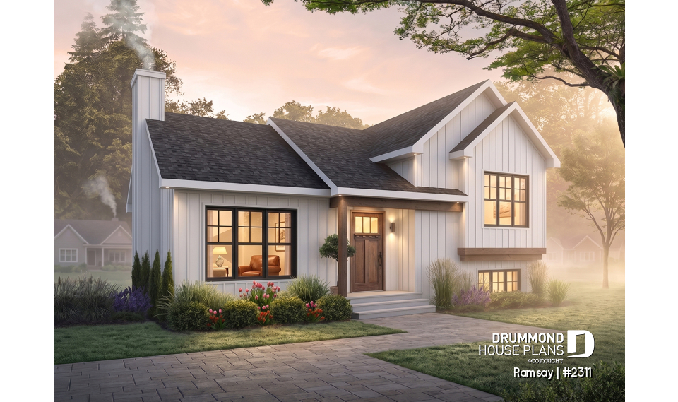 Color version 2 - Front - 2 to 4 bedroom modern farmhouse with open space, cathedral ceiling, pantry, mud room and split level - Ramsay
