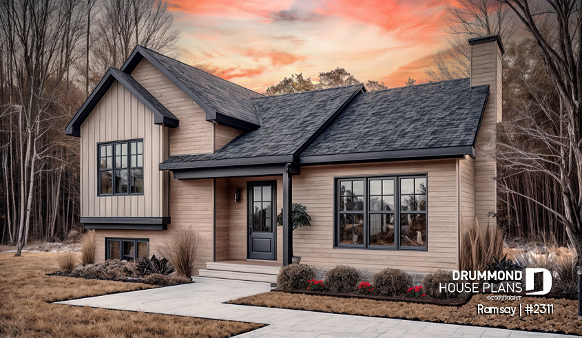 front - BASE MODEL - 3 to 4 bedroom modern farmhouse with open space, cathedral ceiling, pantry, mud room and split level - Ramsay