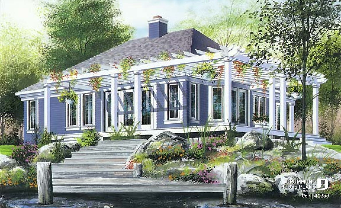 Rear view - BASE MODEL - Small waterfront cottage plan with lots of natural light, 2 bedrooms, fireplace, open concept - Golf