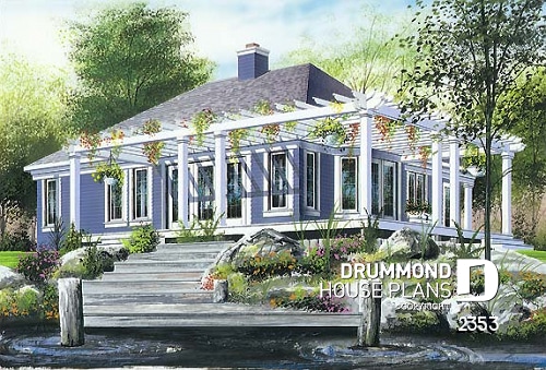 Rear view - BASE MODEL - Small waterfront cottage plan with lots of natural light, 2 bedrooms, fireplace, open concept - Golf