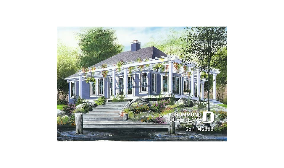 Rear view - BASE MODEL - Small waterfront cottage plan with lots of natural light, 2 bedrooms, fireplace, open concept - Golf