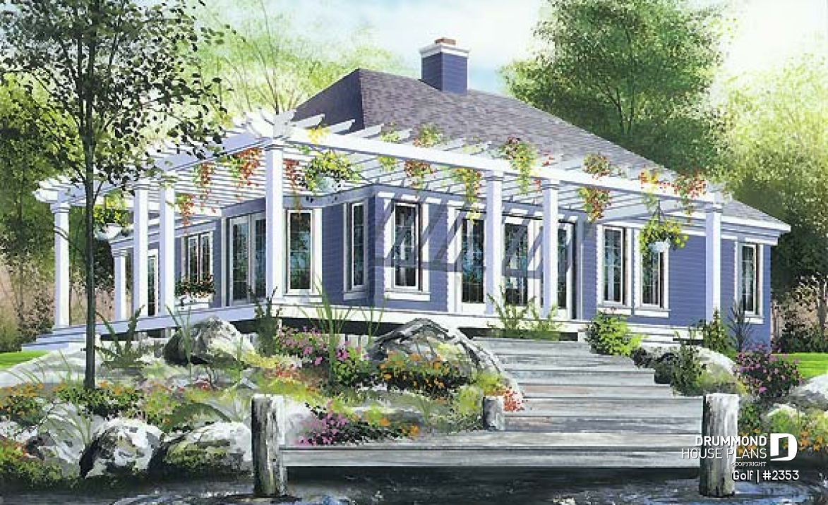 Rear view - BASE MODEL - Small waterfront cottage plan with lots of natural light, 2 bedrooms, fireplace, open concept - Golf