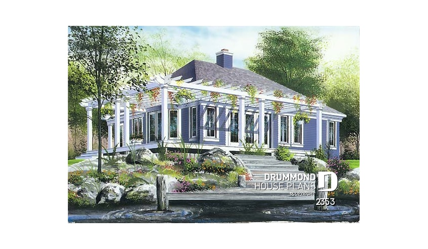 Rear view - BASE MODEL - Small waterfront cottage plan with lots of natural light, 2 bedrooms, fireplace, open concept - Golf