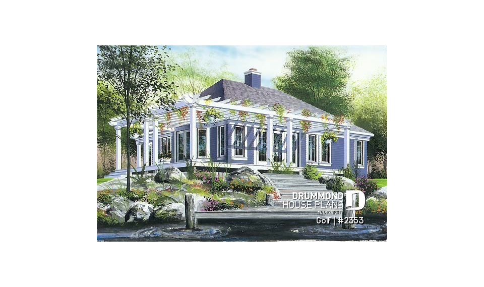 Rear view - BASE MODEL - Small waterfront cottage plan with lots of natural light, 2 bedrooms, fireplace, open concept - Golf