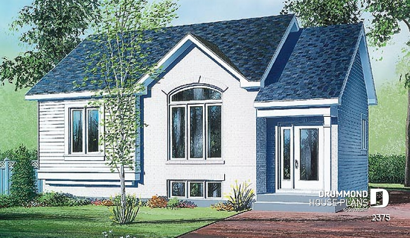 front - BASE MODEL - One-storey house plan with split entry, 2 bedrooms, unfinished daylight basement - Aton