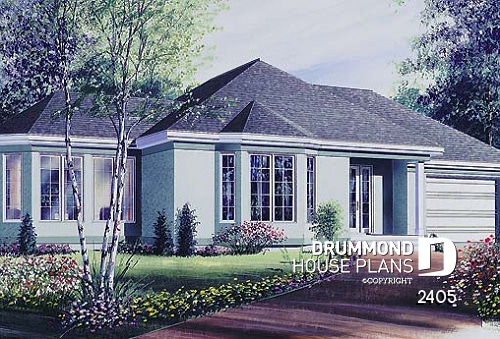 front - BASE MODEL - Spacious ranch style 2 bedroom house plan with breakfast nook in solarium, garage - Anathalia