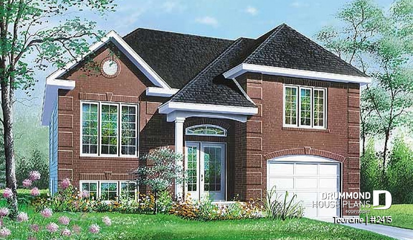 front - BASE MODEL - Split level house plan with 2 bedrooms and garage - Touraine