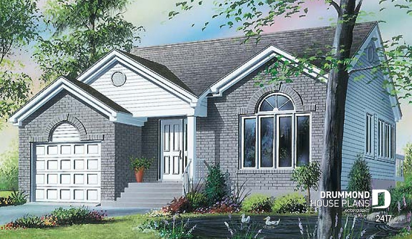 front - BASE MODEL - One-storey house plan with 2 bedrooms, garage, reading nook, sunken living room - Montmartois