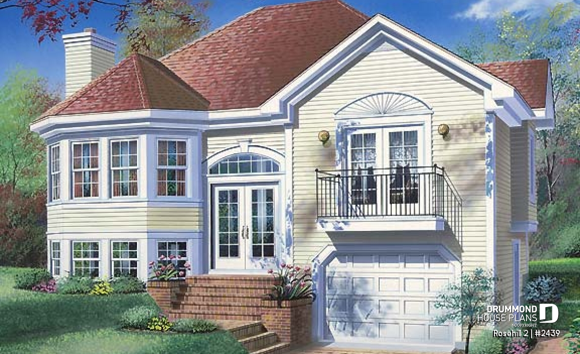 front - BASE MODEL - Split-level house plan with 3 bedrooms, good size family room with fireplace, unfinished daylight basement - Rosehill 2
