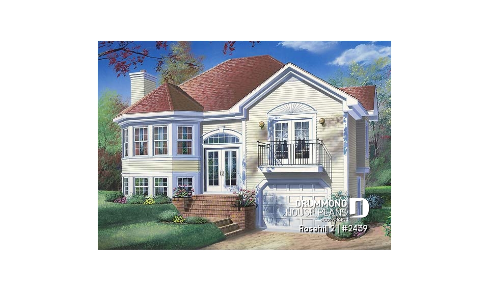 front - BASE MODEL - Split-level house plan with 3 bedrooms, good size family room with fireplace, unfinished daylight basement - Rosehill 2
